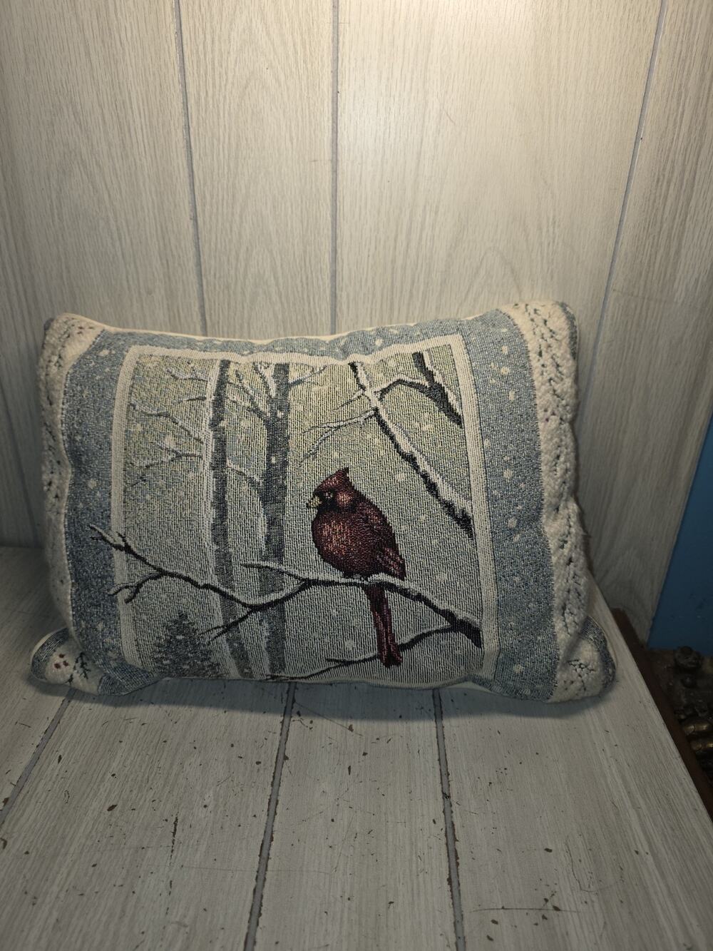 Vintage Cardinal Bird Tapestry Throw Pillow Winter Scene 15" Festive Holiday